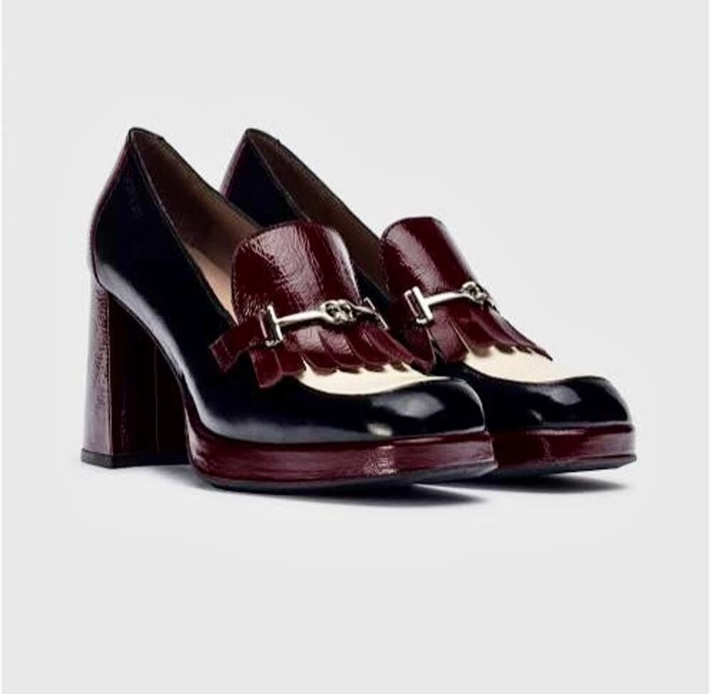 NWT Wonders Spain Guetta Burgundy Patent Leather Fringe Loafers Pumps Block Heel
